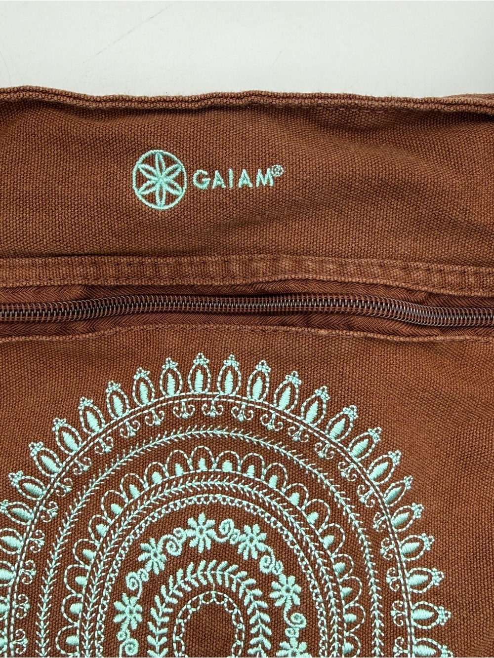 Gaiam Yoga Mat Bag Brown Canvas Embroidered Cotton Pilates Gym - Picture 3 of 7